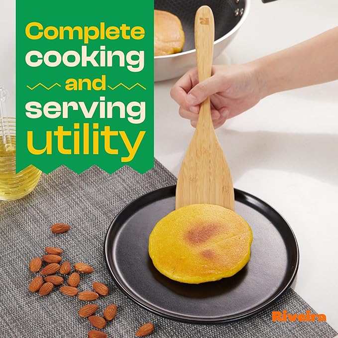 Riveira Brown Bamboo Wooden Spoons for Cooking Set of 6 – Natural Brown Bamboo Wooden Cooking Utensils, Wooden Spatula, Wooden Spoon - Premium Quality Wooden Utensil Set for Non-Toxic Cooking