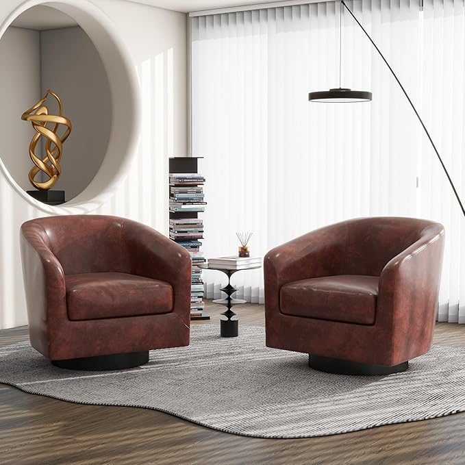 Swivel Barrel Accent Chair, Modern Round Faux Leather Arm Chair for Living Room, Bedroom, Comfy Club Reading Chairs for Adults(Faux Leather, Red Brown, Set of 2)