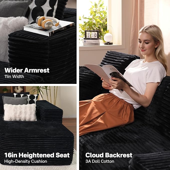 104" Cloudy Sectional L Shaped Couch for Living Room, No Assembly Required, Modular Comfy Sofa with Deep Seat, Fluffy Couch with Sleeper Chaise for Apartment Lounge (Black)