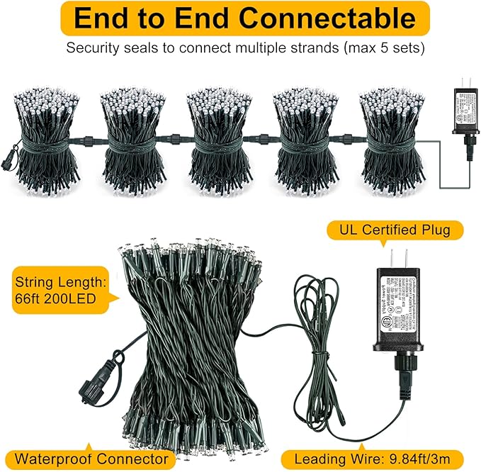 Christmas Lights Outdoor, 66FT 200 LED Christmas Tree Lights with 8 Modes Waterproof, Plug in Green Wire Connectable Twinkle String Light for Indoor Bedroom Patio Wedding Holiday Decor, Pink