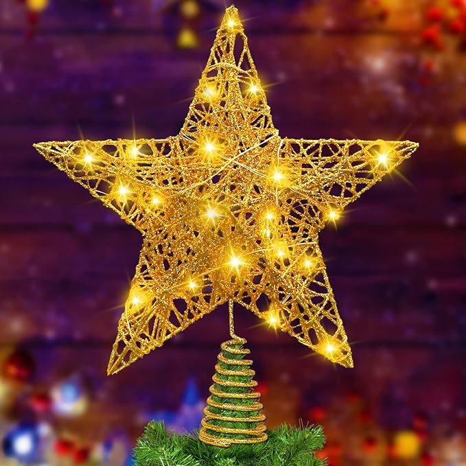 11.8 Inch LED Star Tree Topper - Gold Metal Ornament with 20 Lights for Christmas Tree Decoration