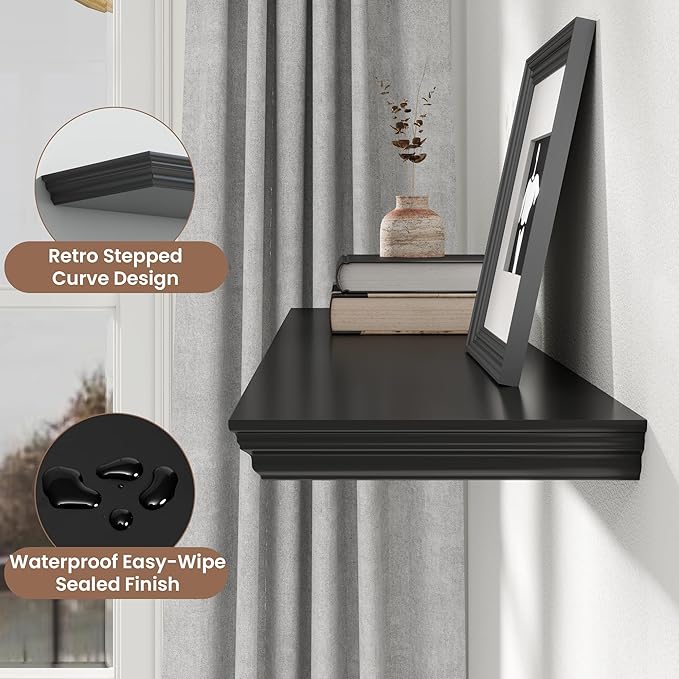 Floating Shelves for Wall, 16 Inch Wall Mounted Black Hanging Shelf for Kitchen, Living Room, Office, Bedroom, Bathroom, Retro Vintage Wood Bookshelf for House Decor