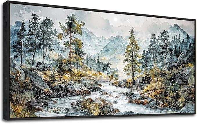 PHAOHUAXM Large Wall Art For Bedroom Wall Decor For Living Room Office Home Decoration Rivulet View Painting Forest Tree Landscape Watercolour Canvas Pictures Ready To Hang Black Framed 20x40 In