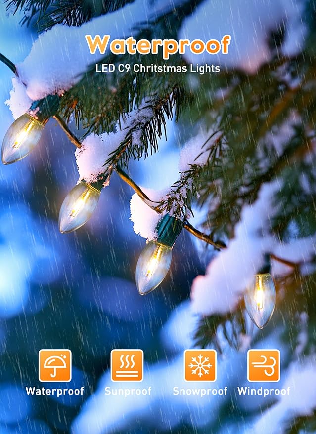 Vintage C9 LED Christmas Lights Outdoor, 100 Feet C9 String Lights with 100 LED C9 Plastic Bulbs, Waterproof Connectable Lights for Christmas Tree Roofline Garden Patio Backyard Decor, Warm White