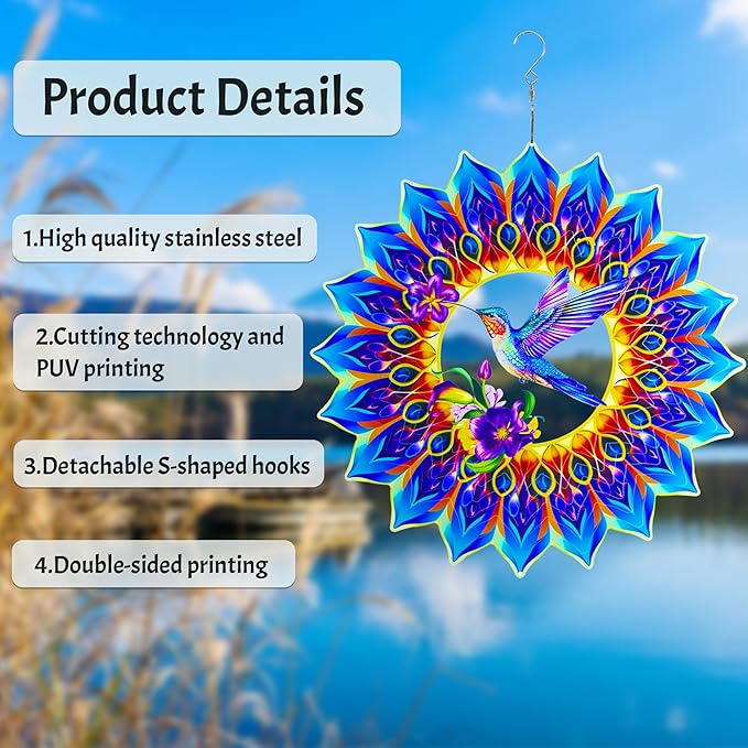 Hummingbird Wind Spinner,Hanging Wind Spinners Outdoor for Garden Decoration,15.7 inch 3D Stainless Steel Wind Sculpture for Indoor/Outdoor Decor
