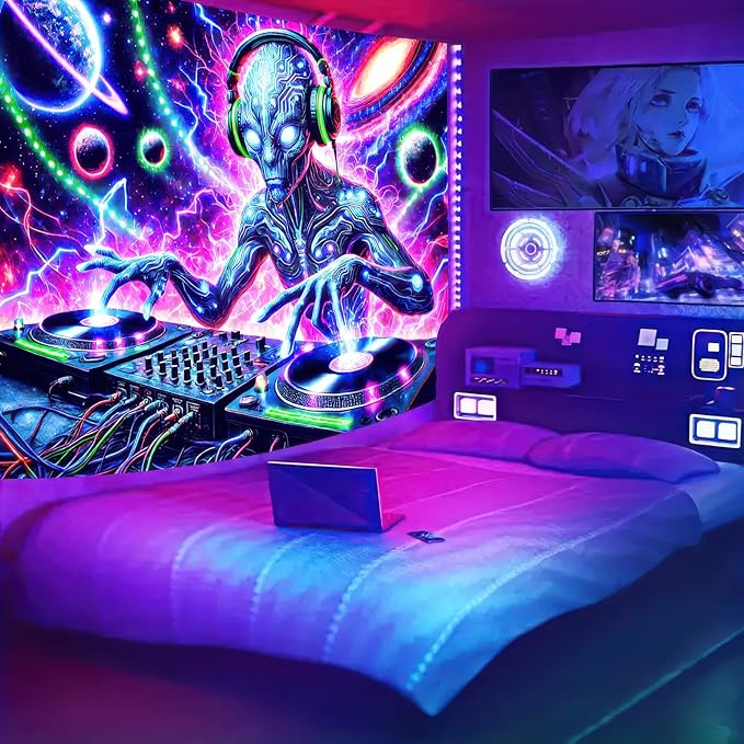 BlissYard Blacklight Cool Alien Tapestry UV Reactive Tapestry 78x59 Inch Black Light Galaxy Planet Tapestry Glowing Tapestry Large Neon Tapestry Wall Hanging for Home Living Room Bedroom Decor