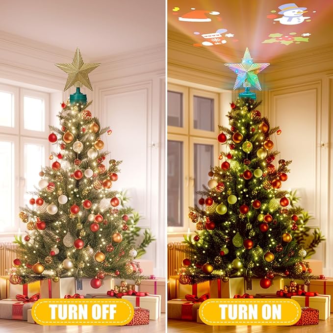Christmas Star Tree Topper with 4 Projection Modes, Rotating 7 Color Gradient Tree Topper with Built-in LED Rotating Lights, Tree Top with Golden Spangles Plated Plug in for Christmas Decorations