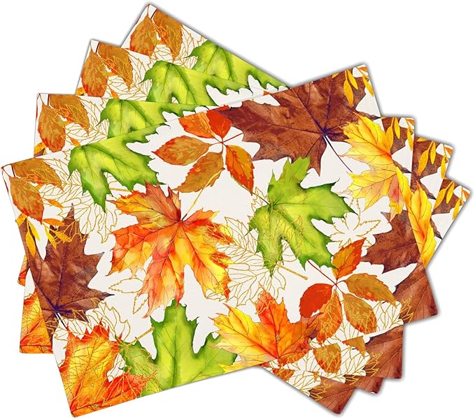 Fall Placemats Set of 4 Autumn Thanksgiving Maple Leaf Place Mats 12x18 Inch Seasonal Rustic Harvest Washable Table Mats for Party Kitchen Dining Decoration