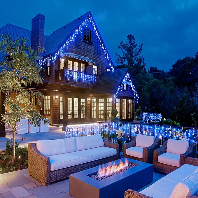 Icicle Lights for Outside, 66FT 640 LED Christmas Icicle Lights Outdoor Indoor with Waterproof 8 Modes, Plug in Curtain String Light for House Patio Roof Garden Party Wedding Decorations, Blue