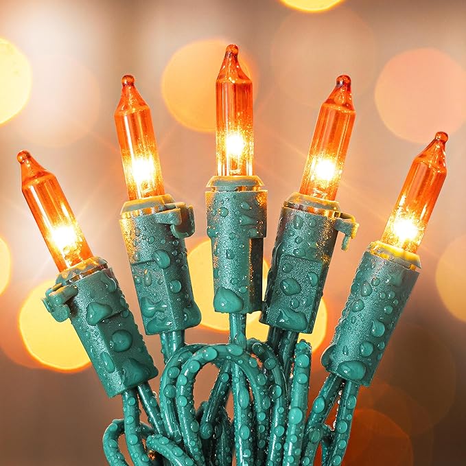 Orange Halloween Tree Lights with Green Wire,13ft 50 Incandescent Bulb Waterproof Fairy Lights,Plug in Mini String Lights for Christmas, Patio, Holiday, Party, Home, Indoor Outdoor Decor