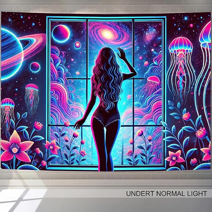 BlissYard Blacklight Tapestry Girl UV Reactive Tapestry 78x59 Inch Black Light Jellyfish Galaxy Planet Decoration Glowing Large Neon Wall Hanging for Living Room Bedroom Decor Teens