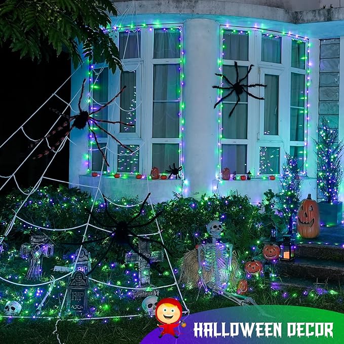 JMEXSUSS 200 LED Purple and Green Halloween Lights Plug in, 66ft Connectable Halloween String Lights,8 Modes Outdoor Waterproof Tree Light for Yard Outdoor Indoor Bedroom Garden Patio Decor