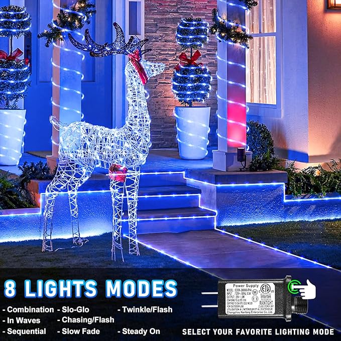 Rope Lights for Outside, 164FT 500 LED Rope Lights Outdoor Waterproof, 8 Modes Plug in String Lights for Indoor Bedroom, Garden, Deck, Patio, Pool, Landscape, Party Decorations - Blue