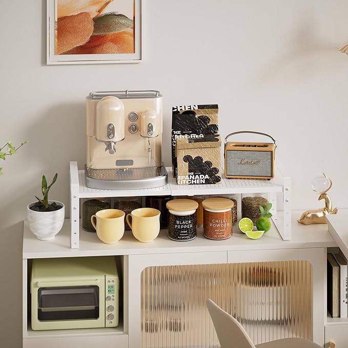 Expandable,Adjustable & Stackable Spice Rack, Cabinet Kitchen Countertop Shelf Organizer,Metal Pantry Storage Shelves - Space-Saving Storage Solution(1Pack/White/Large)