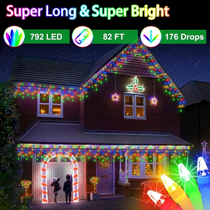 792 LED Christma Lights with 176 Drops, 82ft Outdoor Hanging lights with 8 Modes & Timer Memory, Outsite Waterproof Curtain String Lights for Front House Fence Tree Holiday Decorations Multicolor