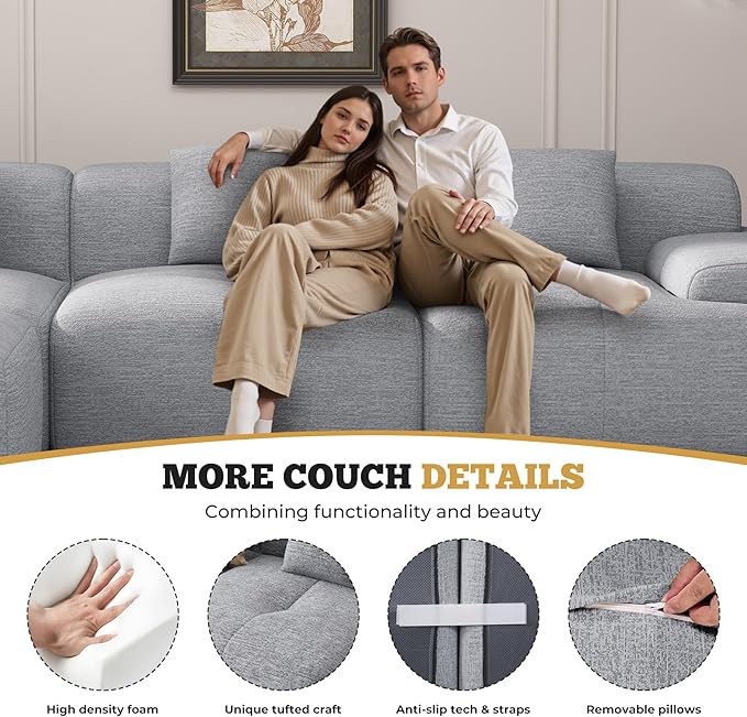 122" Modern L Shaped Modular Sectional Sofa, Boneless Couches for Living Room with Ottoman,4 Seater Convertible Chenille Cloud Couch Sofa Set, No Assembly Required, Light Grey 1 PCS