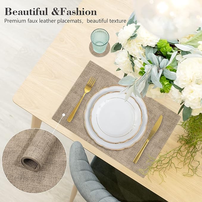 Faux Leather Placemats Set of 6,Heat Resistant Placemats for Dining Table, Easy Clean Non-Slip Place Mats, Waterproof Stain Resistant Wipeable Washable PU Table Mats, (Light Brown)