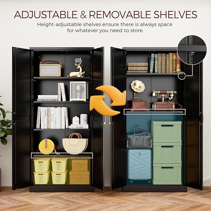 71" Tall Metal Pantry Cabinet, Black Kitchen Pantry Storage Cabinet with 4 Adjustable Shelves and Gold Handles, Cupboard for Kitchen, Dining Room, Living Room, Bathroom