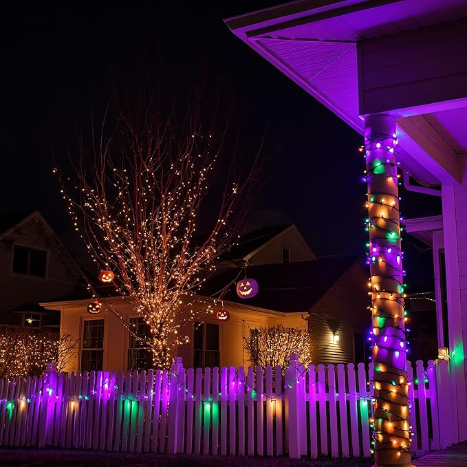 TW SHINE Purple Orange and Green Halloween Lights, 20FT 100 Count Incandescent Mini String Lights, Waterproof Halloween Decorations for Outdoor Indoor Patio Home Party Garden Yard Decor