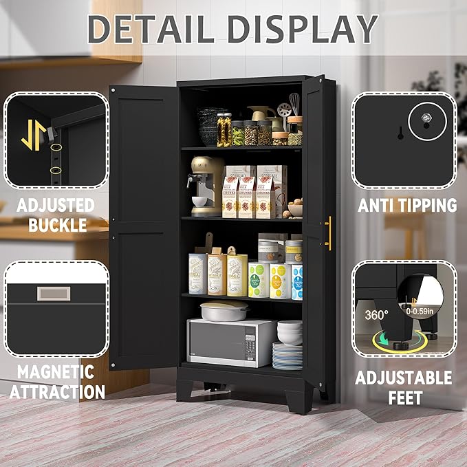 61.02" Kitchen Pantry Cabinet, Pantry Storage Cabinet with 2 Doors and Adjustable Shelves, Black Food Storage for Kitchen, Living Room, Bedroom and Dining Room (Black) Metal Sideboard