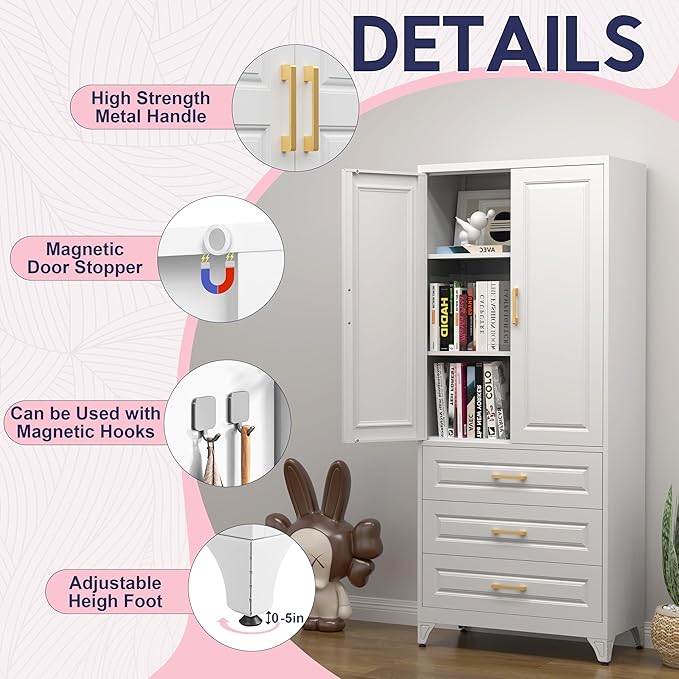 Pantry Kitchen Cabinet with Drawer, 75" Tall Pantry Storage Cabinet, Metal Storage Cabinets with Doors and Shelves, Large Freestanding Cupboard for Dining Room, Assembly Required, White