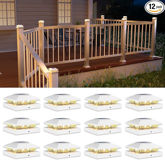 VOLISUN 4x4 Solar Post Cap Light 12pack,Solar Fence - Cap Lights Outdoor Waterproof for Wooden/Vinyl Post,White Deck Post Cap Light Solar Powered with Warm White for Garden/Patio/Porch