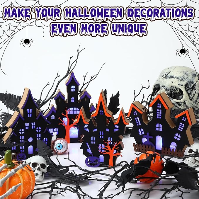 Bucherry 4 Pack Halloween Table Haunted House Decor Lighted Wooden Village Ghost House 3D Tabletop Decorations for Halloween Indoor Home Kitchen Desk Gift(New Style)
