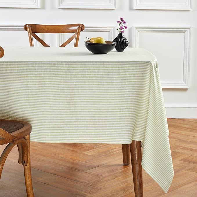 Solino Home Linen Striped Tablecloth 60 x 90 Inch - 100% Pure Linen Sage and White Table Cloth for Rectangle Tables - Narrow Stripe, Machine Washable Tablecloth for Fall, Autumn, Thanksgiving