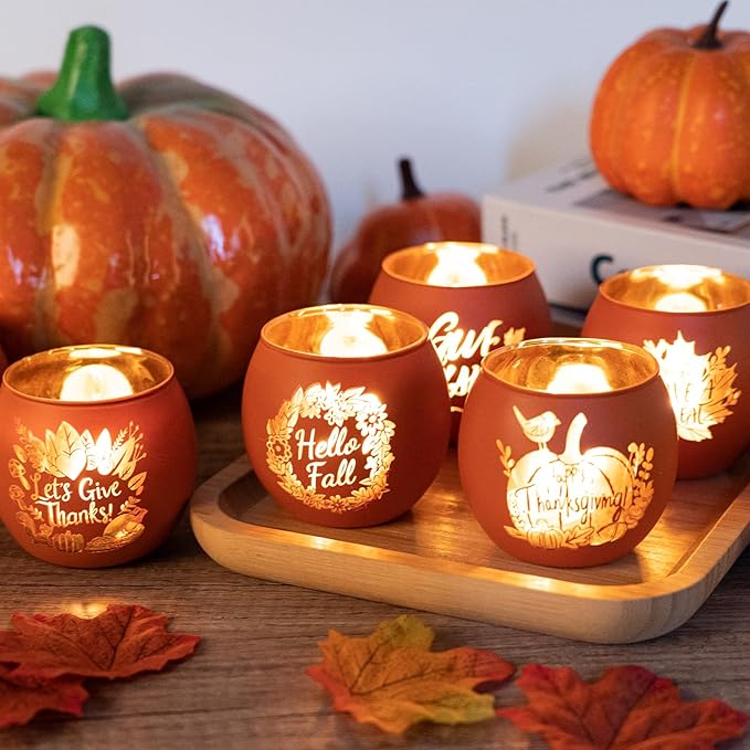 6 Pieces Thanksgiving Candle Holders Orange Pumpkin & Leaf Engraved Tealight Holders for Fall Table Centerpieces, Wedding & Home Decor Indoor and Outdoor