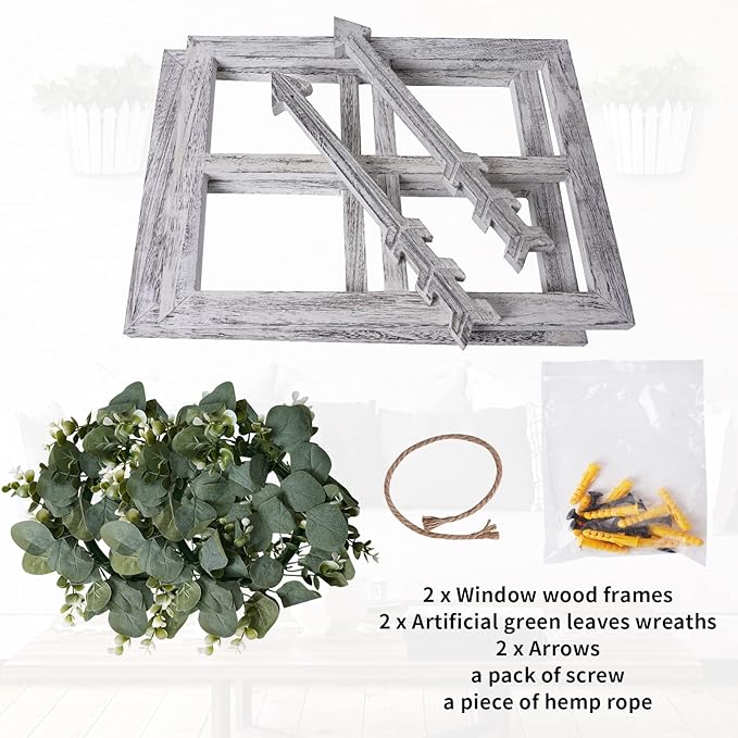 Rustic Wood Window Frame with Green Wreath and Arrows Wall Decor,Farmhouse Window Frame Hanging Decor, Wooden Fake Decoration,Window Pane Wall Decor,Set of 2 (White)
