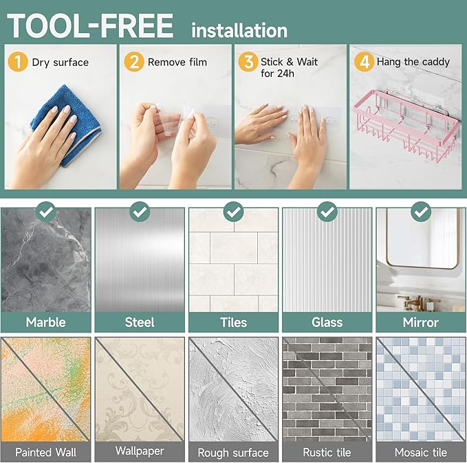 Veken Rustproof & Waterproof Shower Caddy 6-Pack, No Drilling Adhesive Shelves Rack with Soap Holder, Large Capacity Bathroom Organizers and Storage, Wall-Mounted Kitchen & Home Decor