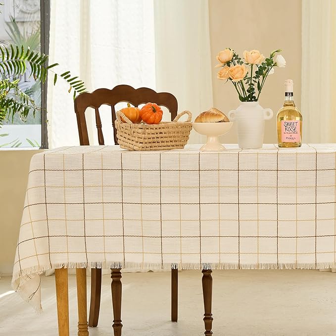 Table Cloth Rectangle Table-Rustic Cotton Tablecloth Craft Fringed Farmhouse Table Cloths for Kitchen Dining (55x102 Inch, Cream Plaid)