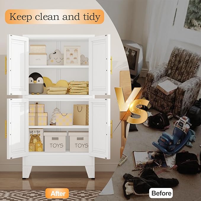 47.25" Metal Pantry Cabinet, Storage Cabinets with 4 Door and 2 Adjustable Shelves, White Bathroom Cabinet, Freestanding Cupboard for Kitchen Dining Living Room Bathroom