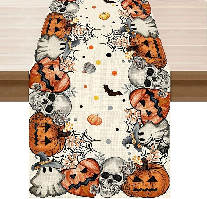 XCHI Spooky Skeleton Ghost Pumpkin Halloween Table Runner Party Table Decoration for Home Kitchen Dining Holiday Decor 13x72 Inch