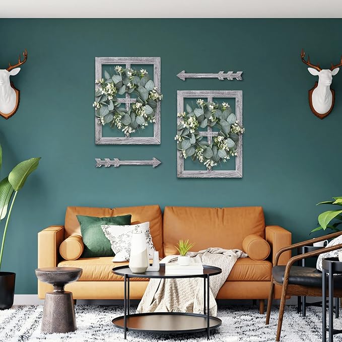 Rustic Wood Window Frame with Green Wreath and Arrows Wall Decor,Farmhouse Window Frame Hanging Decor, Wooden Fake Decoration,Window Pane Wall Decor,Set of 2 (White)