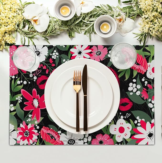 Happy Valentine's Day Placemats Set of 4 Valentine Flowers Love Heart Place Mats Pink Red White Floral Linen Table Mats Seasonal Black Placemat for Anniversary Wedding Party Kitchen Dining Decor
