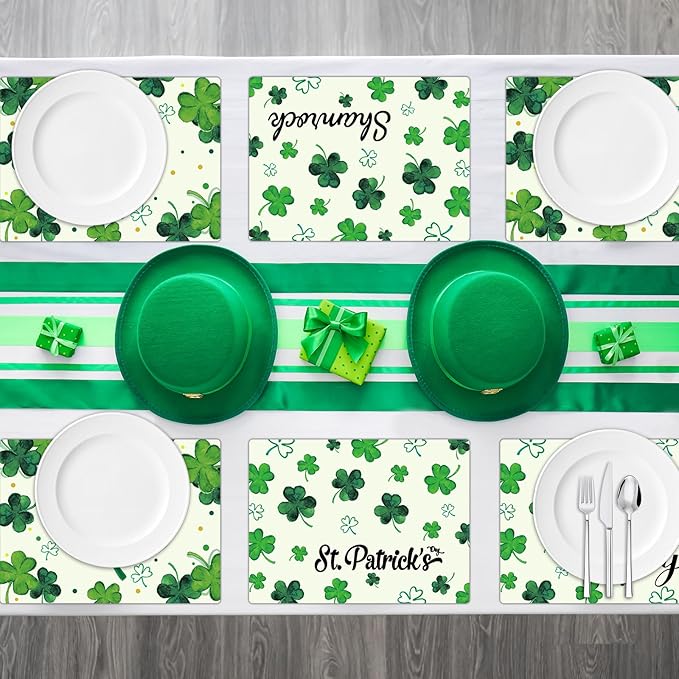 St. Patrick's Day Placemats Set of 6 Reusable Lucky Shamrock Plastic Table Mats Easy Clean Clover Place Mats Wipeable Spring Irish Table Decoration for Indoor Outdoor Party Kitchen Dining