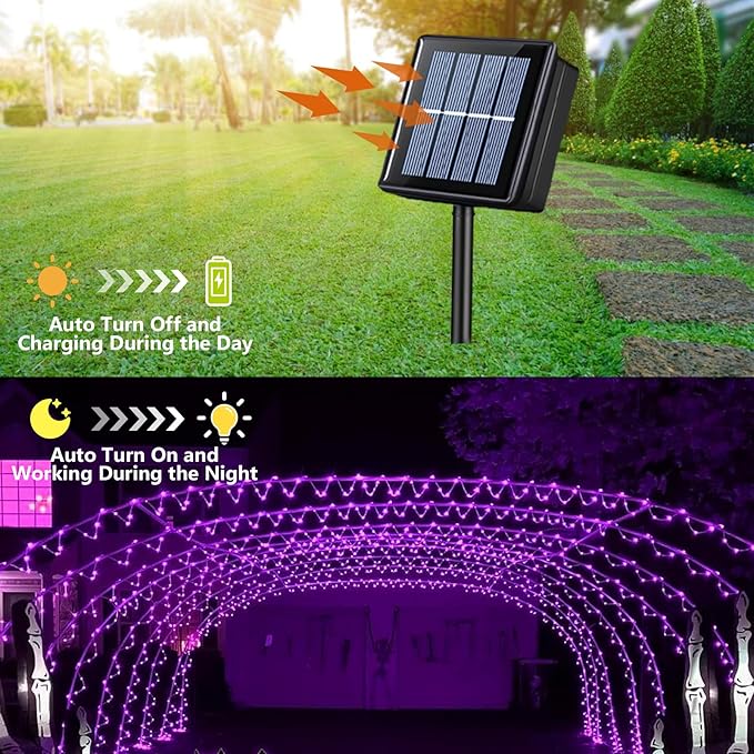 YEGUO 2 Packs Each 33ft 100 LED Solar Rope Lights Outdoor Waterproof, Purple String Lights for Outside, 8 Modes Fairy Lights in Clear Thin Tube for Camping Fence Patio Garden Trampoline Deck