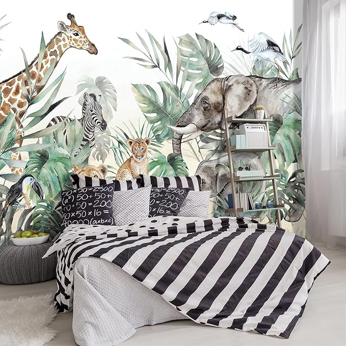 '-Tropical Rainforest Plants Animals Tigers Fabric Wallpaper Jungle Plants Banana Leaves Boys Girls Kindergarten Children Bedroom Large Mural- 137"x96"( not Peel and Stick)