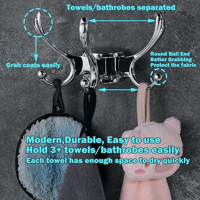 Swivel Coat Hook 2 Pack Heavy Duty Space Saving Towel Rope Hook Wall Mount Triple Swing Arms for RV Bathroom Kitchen Garage,Polished Chrome