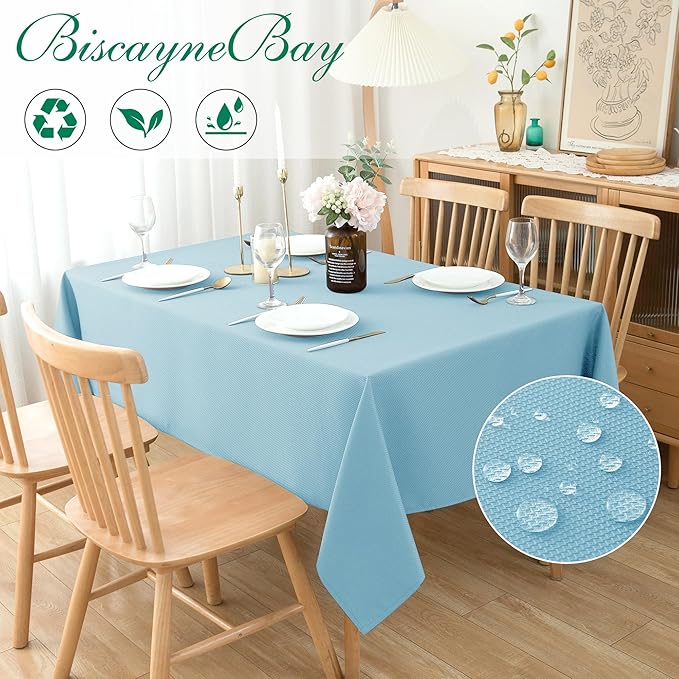 Biscaynebay Textured Fabric Tablecloths 52x70 Inches Rectangular, Light Blue Water Resistant Tablecloths for Dining, Kitchen, Wedding, Parties etc. Machine Washable
