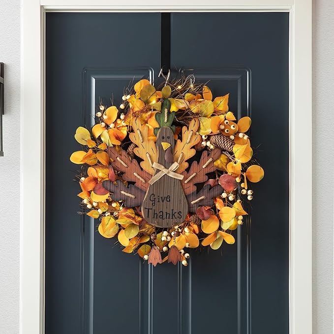 Glitzhome 20.67" H Wooden Turkey Wall Sign, Thanksgiving Front Door Wall Hanging Decor for Indoor Outdoor Thanksgiving Fall Harvest Decoration