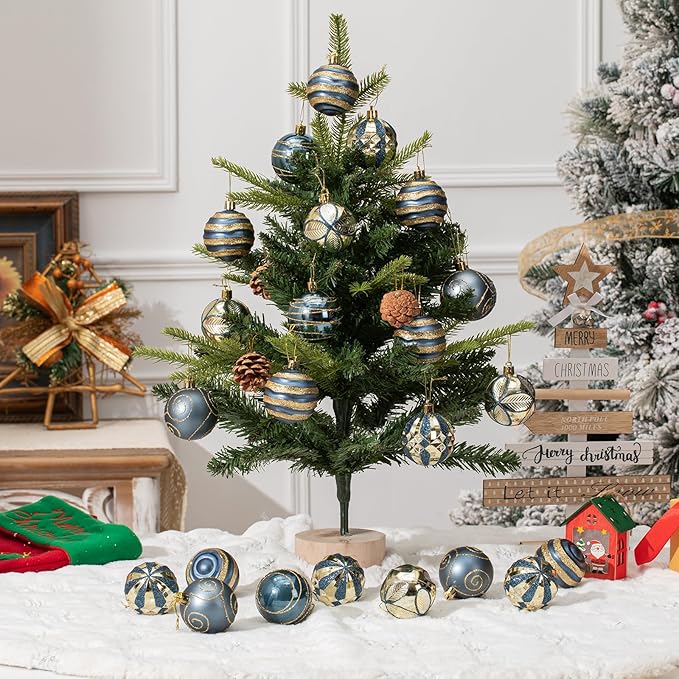100Pcs Christmas Balls Ornaments Set, Shatterproof Christmas Decorations with Hand-held Gift Package for Xmas Tree/Holiday/Wedding/Holiday/Party Decor (Blue & Gold)