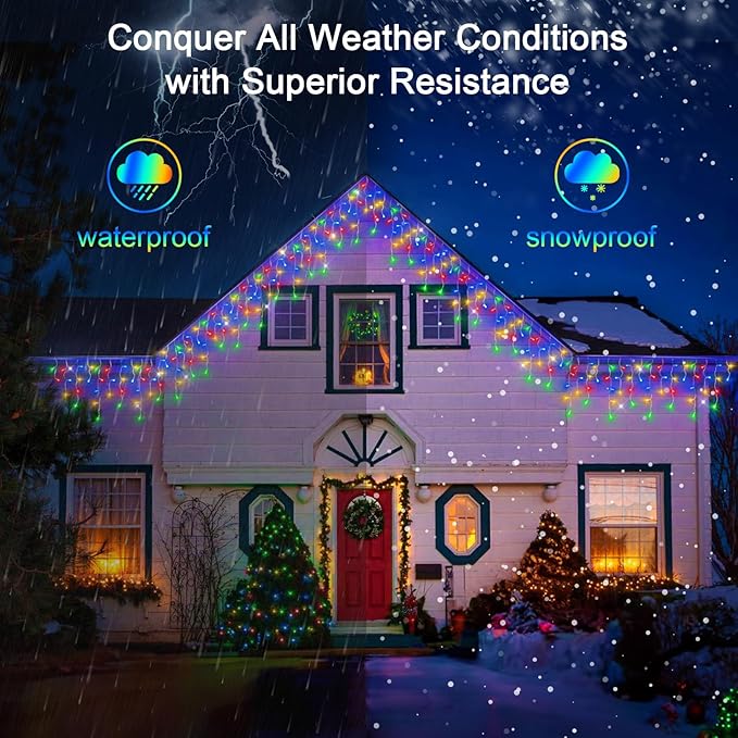 60FT 612 LED Outdoor Christmas Lights - 136 Ice Drops, 12 Pro Modes with Timer Memory & Brightness, Waterproof Hanging Ice String Light for Holiday Wedding Garden Fence House Decor (Multicolor)