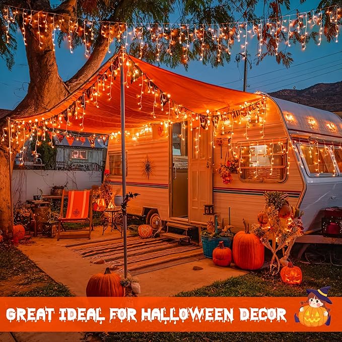 JMEXSUSS Orange Halloween Lights Outdoor, 38.8 FT 400 LED Orange Icicle Lights Outdoor Waterproof, 8 Modes String Light Plug in for Fireplace Tree Garden Patio Thanksgiving Fall Halloween Decor