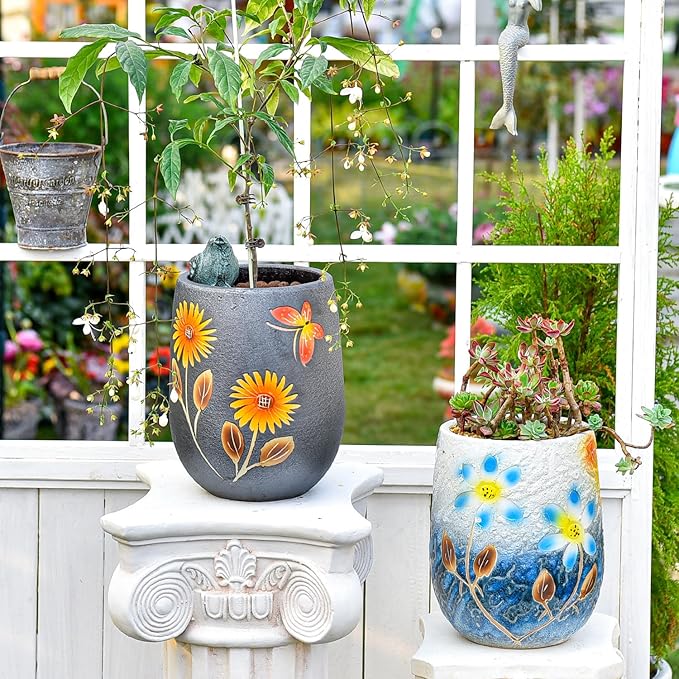 Sungmor 10.6 Inch Ceramic Succulent Plant Pot with Drainage Hole, Hand Painted Flower Pots for Plants, Unique Texture Decorative Planter for Indoor and Outdoor, Pottery Vase for Home Office Decor