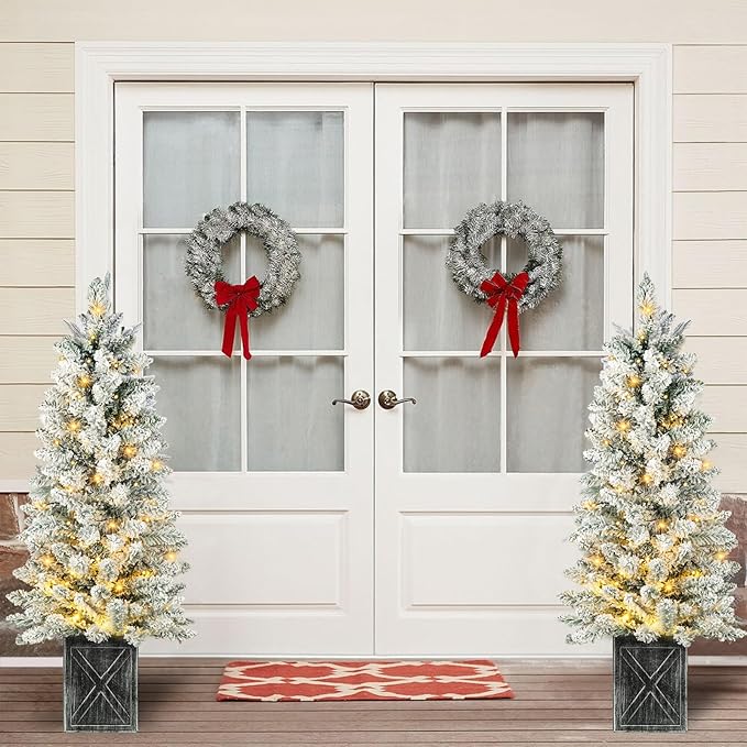 Set of 2 Christmas Trees with Lights 4-FT Artificial Potted Porch Snow Flocked Christmas Tree Battery Powered with 8 Modes and Timer for Indoor Outdoor