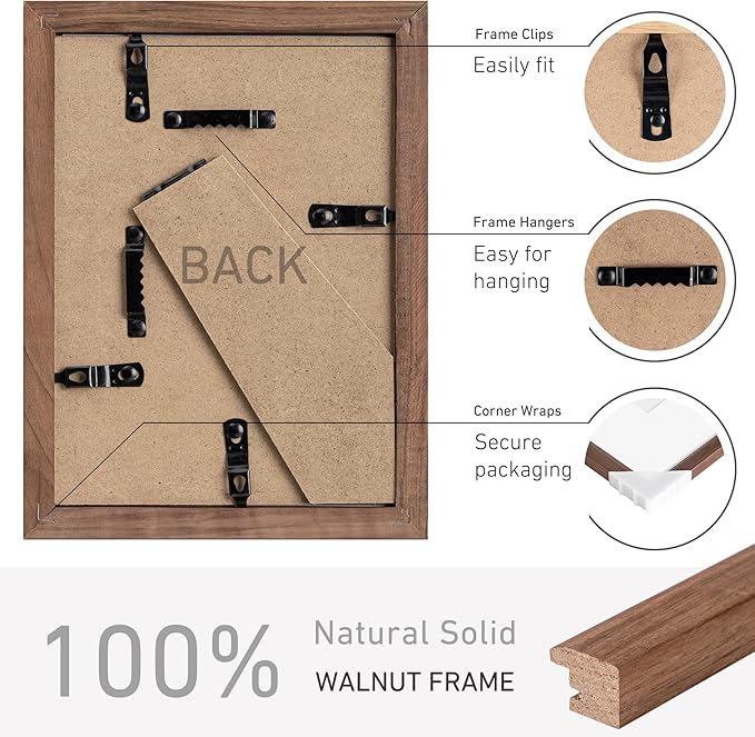 5x7 Picture Frame Set of 4 Natural Solid Walnut Photo Frames with 4x6 Removable Mat Wall Hanging Large Handcrafted Frame with HD Plexiglass Wall and Tabletop Display Large Poster Frame