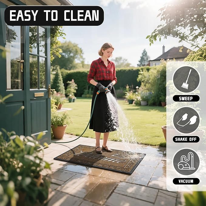 Yimobra Welcome Mat, Heavy Duty Sturdy Door Mats for Home Entrance Outdoor Indoor, Front Doormat for Outside Patio Floor Entry Porch Garage Office, Waterproof, Low Profile, 47 x 24, Beige Brown