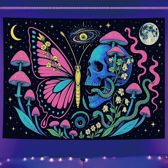 Starlit Patio Butterfly Skull Blacklight Tapestry UV Reactive Wall Hanging Mushrooms Snake and Cosmic Moon for Bedroom Dorm Living Room Glowing Psychedelic Decor Fluorescent Trippy Poster 78 x 59 Inch